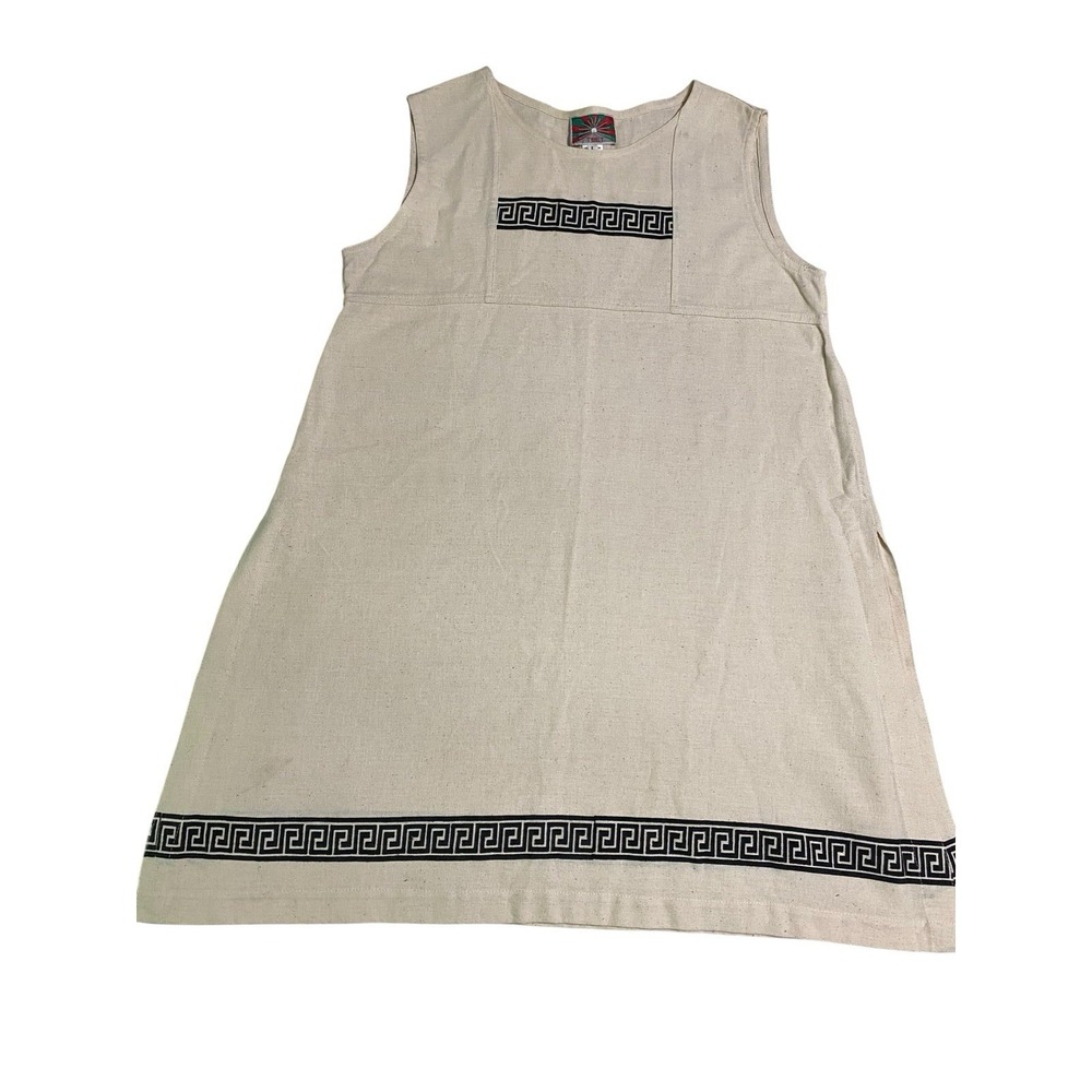 Vintage Tibet Brand Nepal Cotton Dress L Cream Greek Key Geometric Trim Midi